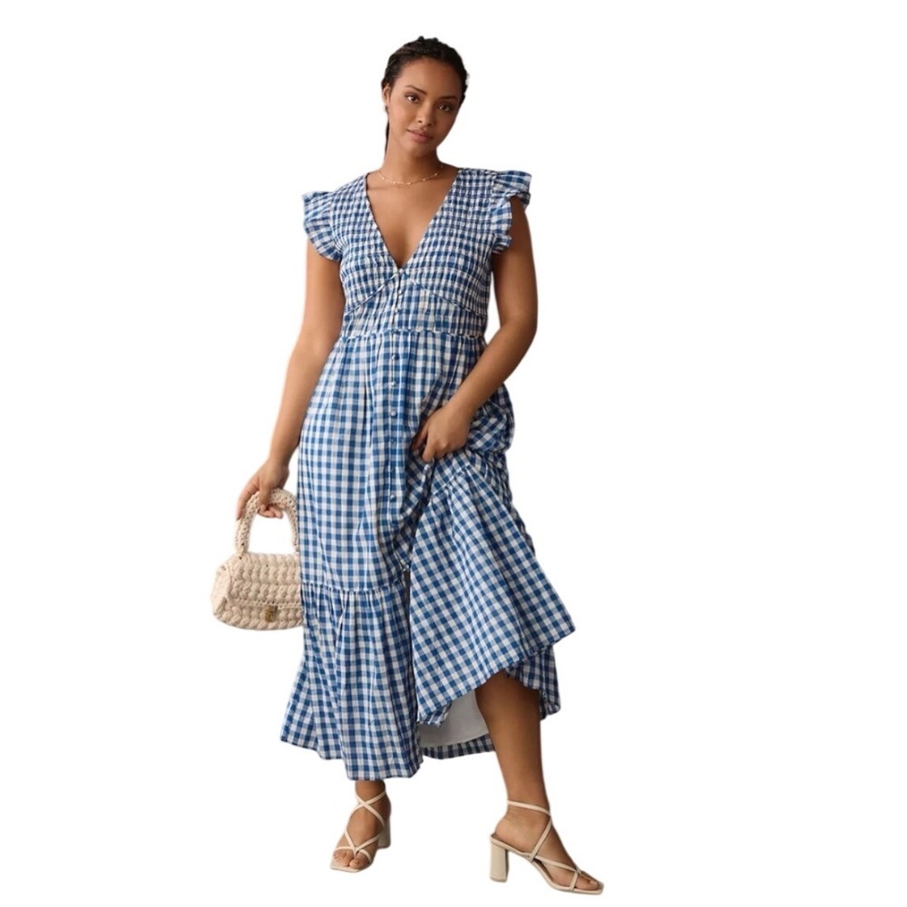 Anthropologie Pereğrine Gingham Plaid Smocked Tiered Maxi Dress Blue White XS